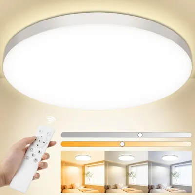 Produktbild von Deckenlampe LED Deckenleuchte Flach Dimmbar mit Fernbedienung, 3000K6500K, 24W, 2000LM, IP44 Wasserfest Deckenleuchten Rund, Küchenlampe LED Lampen Decke für Schlafzimmer/Wohnzimmer/Bad/Balkon Ø28cm