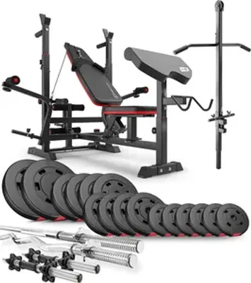 Produktbild von Hop-Sport Hantelbank HS-1075 - mit Curlpult und Latzug - inkl. 75 KG Hantelset Lang-, Curl- & Kurzhantelstange, Gewichte