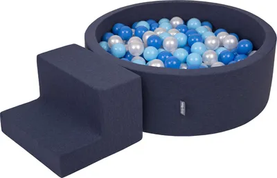 Obrázok produktu pre KiddyMoon Mäkké penové ihrisko pre deti s guľatým loptičkovým ihriskom (100 ∅ 7 cm) s mäkkými prekážkami a loptičkovým bazénom,  vyrobené v EÚ, Tmavomodrá:Babyblue/Modrá/Perla, Stupne