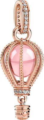 A rose gold charm shaped like a hot air balloon with a pink gemstone.