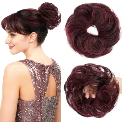 Produktbild von Haarteil Dutt mit Gummiband Locken 100% Echthaar Schwarz/Bordeauxrot 23g