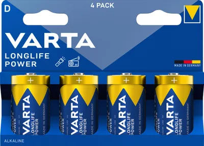 A 4-pack of VARTA Longlife Power D batteries in their retail packaging.