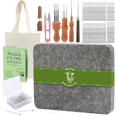 Productafbeelding van Naaldfilz set, 136 onderdelen, inclusief vilten pad van 8x10 inch, 90 viltdraadnaalden, houten handgrepen, en een opbergtas