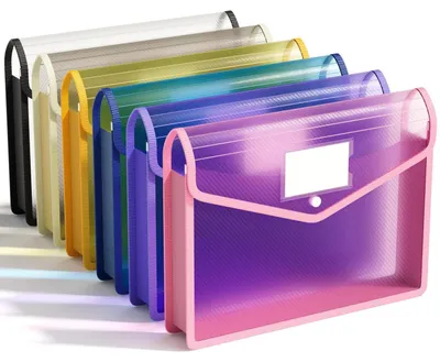 Productafbeelding van Documententasjes, formaat A4, van kunststof, 6 stuks, 6 kleuren, waterdicht, met drukknop