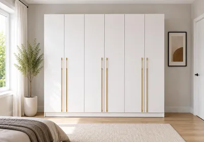 Produktbild von Kleiderschrank Weiß 230 cm 6 Türen Drehtürenschrank RIMSZA Schlafzimmerschrank mit goldenen Griffen, Kleiderstangen & Regalböden