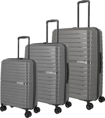 Three gray suitcases of different sizes are displayed against a white background.