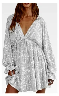 Produktbild von Abendkleid Damen Kurz Paillettenkleid Festliches Brautjungfern Cocktailkleid Curvy Langärmeliges Glitzerkleid Midikleid Vintage Glitzer Kleid Elegant V-Ausschnitt Partykleid Hochzeit