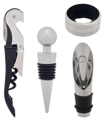 Produktbild von 4-teiliges Weinzubehör Set aus Metall, je 3 cm Länge, 14 cm Breite, 16 cm Höhe