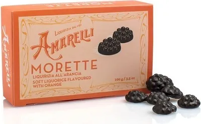 Produktbild von Amarelli Morette al'Arancia, Weiches Lakritz mit Orange, Box, 100 g, Amarelli Italien