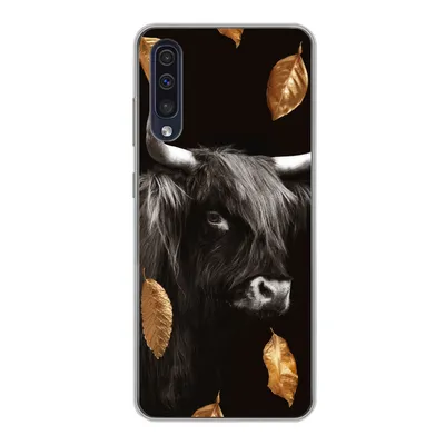 Produktbild von MuchoWow® Handyhülle Schutzhülle Hülle für Samsung Galaxy A30s Schottischer Highlander - Blätter - Gold - Schwarz Silikon Softcase Handy Hülle - Karteninhaber