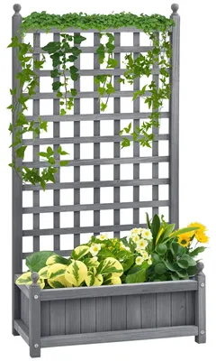 Produktbild von Hochbeet mit Rankgitter 2-in-1 Hellgrau, Pflanzkasten Blumenkasten Tannenholz, Spalier Rankhilfe Kletterpflanzen, Hellgrau | 64 x 28 x 120 cm | 4,9 kg