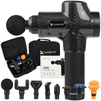 Immagine prodotto di Habys One: Pistola massaggiante | Massaggiatore | Dispositivo di massaggio vibratorio elettrico con 30 livelli di velocità, 8 accessori e batteria da 2000 mAh