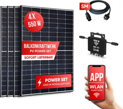 Produktbild von Solaranlage Balkon oder Dach XXL Power  2200 W (4x550W) Module + Wechselrichter 1800 W drosselbar. Balkonsolar kleine PV Anlage