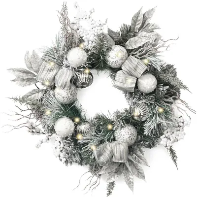 Immagine prodotto di Coroncina natalizia da 52 cm, bianca e argentata, con 15 luci LED, timer e decorazioni a forma di palline di Natale