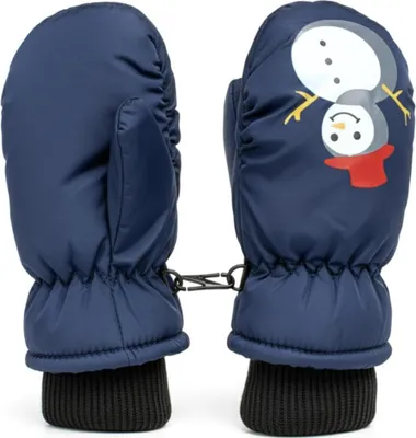 A pair of navy blue children's mittens with a snowman and penguin graphic on one mitten.