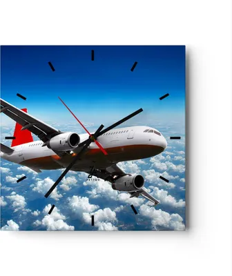 Produktbild von Wanduhr - Quadrat - Glasuhr - Passagier Flugzeug Motoren Wolken - 30x30cm - Schleichendes Uhrwerk - Lautlos - zum Aufhängen bereit - Dekoration Modern - Wanddekoration aus Glas - C3AC30x30-0375