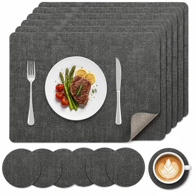 Platzsets abwaschbar, Lederlook grau, 6 Stück + 6 Untersetzer