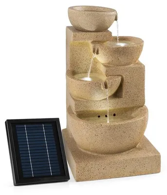 Produktbild von Blumfeldt Korinth Zierbrunnen - Gartenbrunnen , stimmungsvolles Wasserspiel , Solarbetrieb , 3 Watt Solar LED , Pumpe , 4 Etagen , 250 l/h Wasserfluss , Innen- oder Außenbereich , Sandsteinoptik