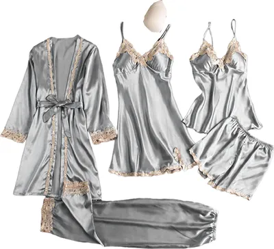 Produktbild von 5-teiliges Pyjama-Set für Damen, Nachthemd, Oberteil, Shorts, Hosen, seidig, Satin, Spitze, Patchwork, lockere Schnürung, Taille, dünnes Damen-Homewear-Set, Nachtwäsche-Set