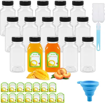 Imagen del producto de Botellas de 250 ml con tapas - 8 oz - Juego de 15 - Juego de botellas de plástico transparentes reutilizables con embudo