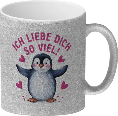 Produktbild von Pinguin ICH LIEBE DICH Glitzer-Kaffeebecher für Tierfreunde