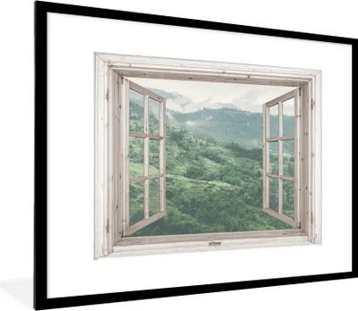 Produktbild von MuchoWow® Gerahmtes Poster Aussicht - Berg - Baum 80x60 cm - Poster mit Schwarzem Bilderrahmen Wandposter Rahmen Foto Bilder - Schlafzimmer-Dekorationen - Fotoposter