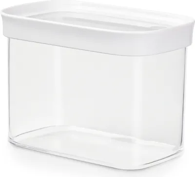 A clear, studio shot of a rectangular, transparent food storage container with a white lid.