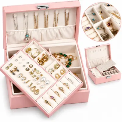 Image de Boîte À Bijoux Rose Organisateur Pour Bagues Boucles D’Oreilles Colliers Bracelets Pour Coiffeuse Et Commode