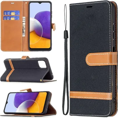 A collage of images showing a black and brown flip phone case for a Samsung Galaxy A22 5G.