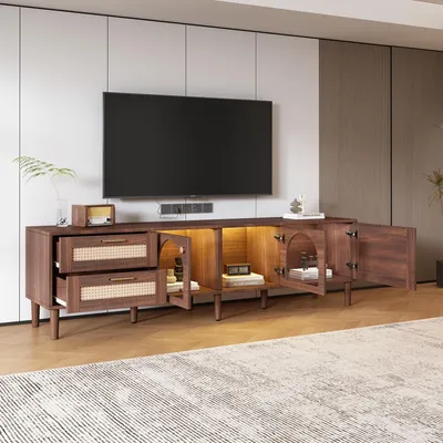 Produktbild von STILVORA Lowboard mit Glastüren&LED-Beleuchtung,TV-Schrank Fernsehschrank mit Rattanschubladen,TV-Lowboard für Fernseher bis 80 Zoll,Walnuss