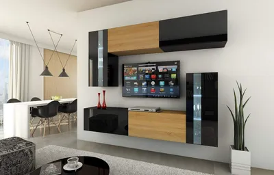 Obrázok produktu pre FURNITECH obývacia stena | nábytok do obývačky s LED modrou | moderná obývacia stena | obývacia stena s policami a TV skrinkou (Future C30-HGM-BD-49 1A | 203cm)