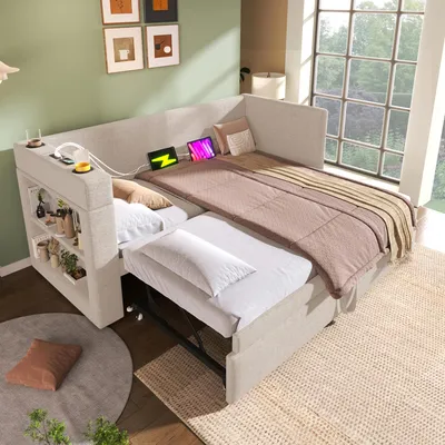 Immagine prodotto di Divano letto STILVORA 90x190 con letto estraibile e portabicchieri, divano prendisole con porta USB e Type-C e spazio contenitore, letto singolo in lino, senza materasso, color beige