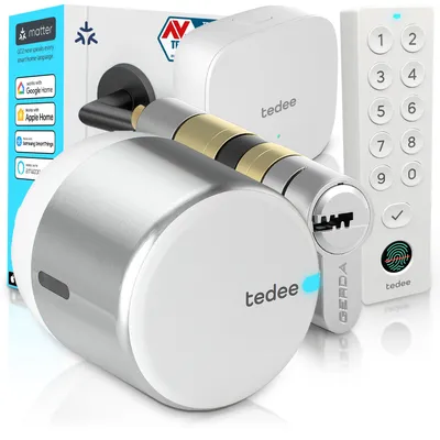 Obrázek produktu pro Tedee GO2 Alu s Bridge, Keypad PRO a vložkou Gerda EXXO Smart – Chytrý zámek, WiFi, otisk prstu, bezpečnostní třída 6, bezklíčový vstup, Matter