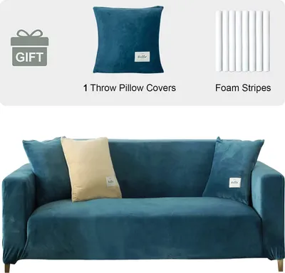 Obrázek produktu pro Sametový potah na pohovku 3 Seater- Soft Stretch Couch Cover Anti Slip Sofa Cover Plush Sofa Slipcovers with 1 Cushion Cover for Living Room, Blue, 3 Seater