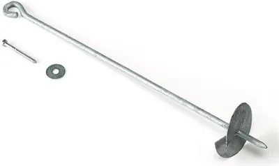 A galvanized ground anchor with a screw-in base and an eyelet at the top, along with a separate screw and washer, laid out on a white background.