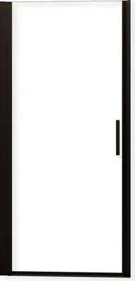 A product shot of a shower door with a black frame and handle against a white background.
