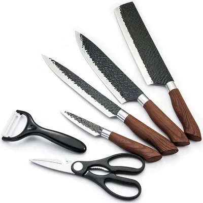 Produktbild von Küchenmesser Set 4 Messer 1 Schere 1 Keramik Schäler Koch- und Universalmesser im Damast Stil