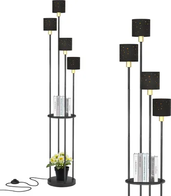 Produktbild von Puluomis Stehlampe 4 flammige Stehleuchte Standleuchte Bodenlampe, mit Fußschalter, E14 Fassung für Schlafzimmer Wohnzimmer Regal 160cm Schwarz