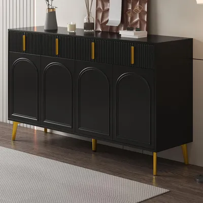 Image de MODFU Buffet Noir - Meuble Design pour Salon avec 4 Portes, 4 Tiroirs, Étagères Réglables, MDF, 140x38x82 cm