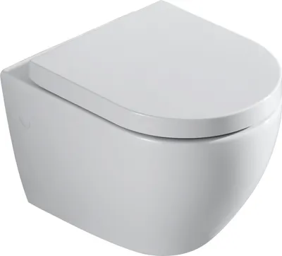 A white wall-mounted toilet with the lid down, shown from a slightly angled front view against a white background.