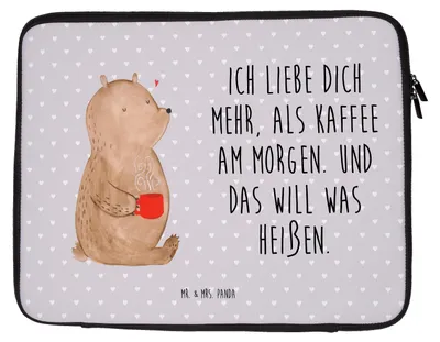 Produktbild von Mr. & Mrs. Panda Laptop Tasche Bär Morgenkaffee 33 x 42 cm - Grau Pastell - Geschenk, für Frauen, Laptoptasche, Laptophülle, Notebooktasche, Hülle, Freundin, Mitbringsel