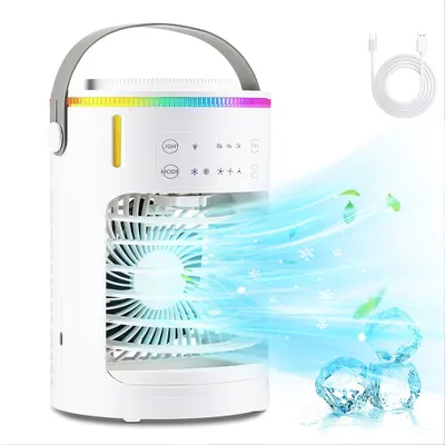 Immagine prodotto di Mini climatizzatori portatili 4 in 1, serbatoio da 600 ml con mini raffreddatore evaporativo USB, 3 velocità di ventilazione,
timer, 2 modalità di nebulizzazione e 7 colori di luce, bianco