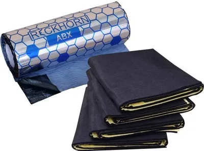 A roll of soundproofing material and several folded mats are displayed against a white background.