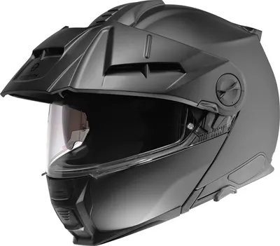 A matte black Schuberth E2 Adventure helmet is shown against a white background.