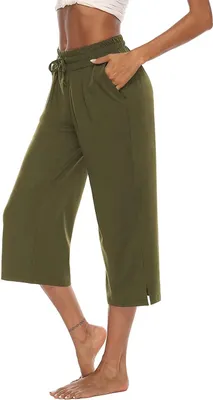 Obrázek produktu pro ASKSA Dámské 3/4 kalhoty Capri Kalhoty se širokými nohavicemi Volné tepláky na jógu s kapsami, zelené, XL