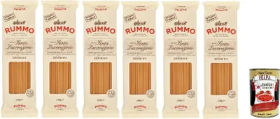 Produktbild von Rummo Pasta Bucatini N° 6, Pasta Lenta Lavorazione Teigwaren, Hartweizengrieß Pasta Italienische Nudeln, 6x 500g + Italian Gourmet polpa 400g