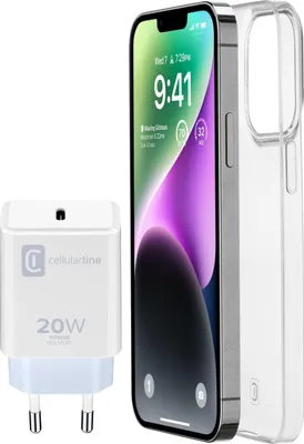 Immagine prodotto di Cellularline Starter Kit Caricabatterie e Custodia Bianco Trasparente per Iphone 14 A2882