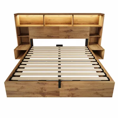 Produktbild von Abrihome Doppelbett Massivholzbett 160x200 cm Klassisches Bett mit LED-Beleuchtung und USB, Jugendbett mit Stauraum-Kopfteil und Hydraulik