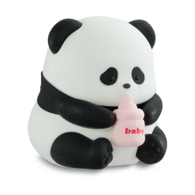 A cute, cartoon-like panda figurine holding a pink baby bottle.