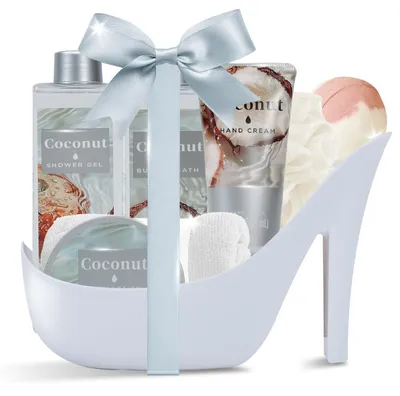 Immagine prodotto di Set regalo per il bagno da donna, 8 pezzi, profumo di cocco, set benessere con gel doccia, bagnoschiuma, lozione corpo e cestino per scarpe con tacco alto